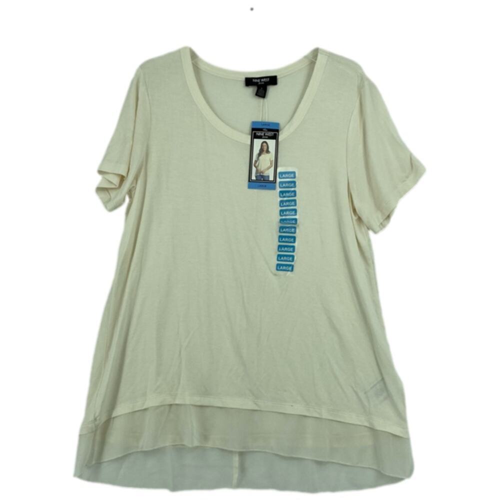 Nine West Emmy‎ Tee Shirt Blouse Size L Cream Modal Sheer Hem Layer NEW